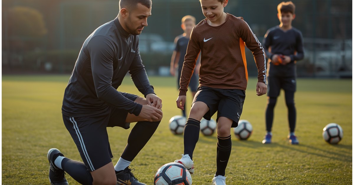 Séance spécifique football : coach et jeunes joueurs à l’entraînement